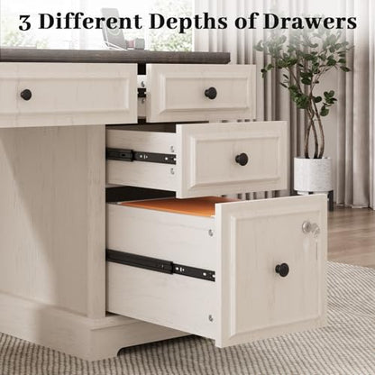 59" Executive Desk, Farmhouse Computer Desk with Drawers, Lockable File Drawer, Storage Cabinet & Power Outlet, Rustic Home Office Desk, Workspace for Work Study Writing, White