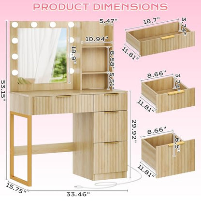 34in Fluted Makeup Vanity Desk with Mirror & Lights & Power Outlet, Small Vanity Table w/ 4 Drawers & 2 Storage Shelves,Oak Modern Dressing Table Set Charging Station for Bedroom