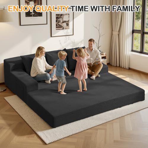 3 Seater Boneless Couch Sofa Bed, 78'' Corduroy Oversized Loveseat Folding Sofas Bed, Compression Convertible Futon Floor Couch Sofa Beds with 3 Pillows for Living Room Bedroom Apartment