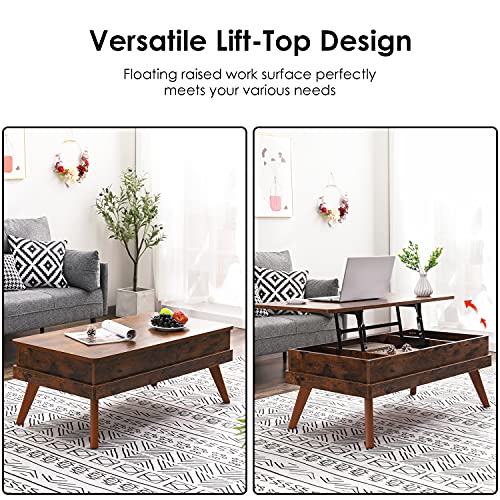 Lift Top Coffee Table, Easy-to-Assembly Center Table with Hidden Storage Compartment, Industrial Lift Tabletop Dining Table for Living Room Reception/Home Office, Rustic Brown