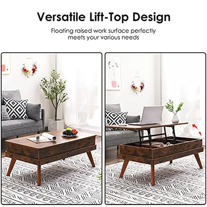 Lift Top Coffee Table, Easy-to-Assembly Center Table with Hidden Storage Compartment, Industrial Lift Tabletop Dining Table for Living Room Reception/Home Office, Rustic Brown