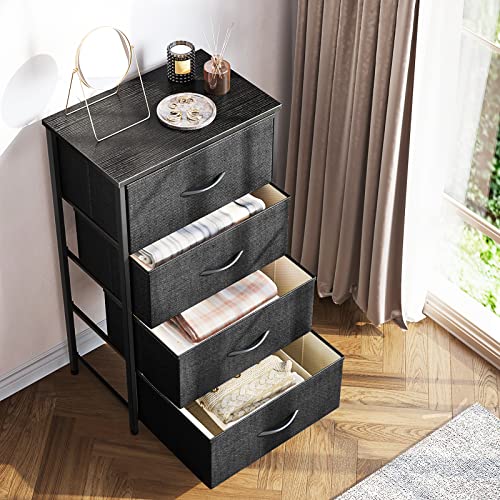 Dresser for Bedroom with 4 Storage Drawers, Small Dresser Chest of Fabric Drawers with Sturdy Steel Frame for Small Space, Wood Top, Black