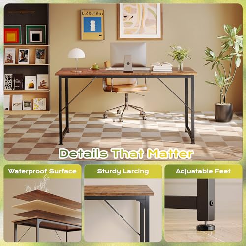 55 Inch Computer Desk, Home Office Desk with Spacious Desktop, Modern Gaming Desk, Writing Study Table for Bedroom, Small Spaces, Work from Home Desk with Metal Frame, Rustic Brown