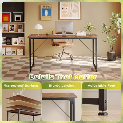 55 Inch Computer Desk, Home Office Desk with Spacious Desktop, Modern Gaming Desk, Writing Study Table for Bedroom, Small Spaces, Work from Home Desk with Metal Frame, Rustic Brown