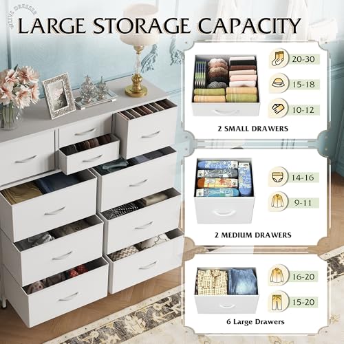 10 Drawer White Fabric Dresser for Bedroom, Side Pockets Chest, view 6