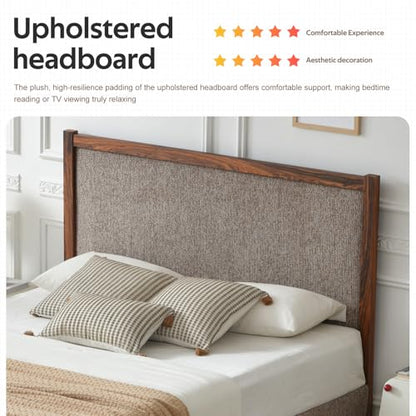 Full Size Upholstered Platform Bed Frame with Wood Trim Headboard, view 6