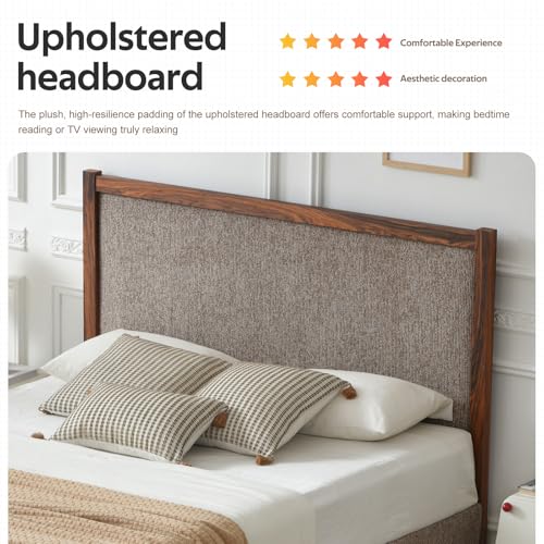Queen Size Upholstered Platform Bed Frame with Wood Trim Headboard, view 6