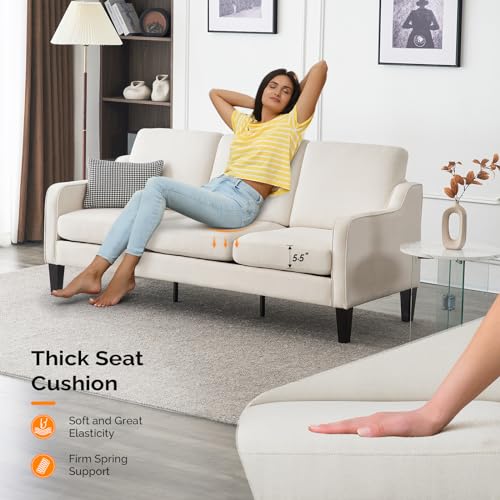 Small Couch Sofa 71" Comfy Couches for Living Room Beige 3 Seat Sofa Couch Mid Century Modern Sofa Furniture Couches with Scooped Arms for Small Spaces, Bedroom, Apartment, Studio