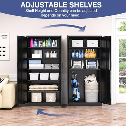 72" Tall Metal Storage Cabinet with Lock, Garage Cabinet with 2 Locking Doors and 5 Adjustable Shelves,Steel Locking Cabinets for Garage,Home Office,Kitchen,School,Warehouse(Black)