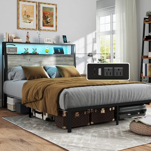 Queen Size Bed Frame with 2-Tier Storage Headboard, Rustic Grey, view 2