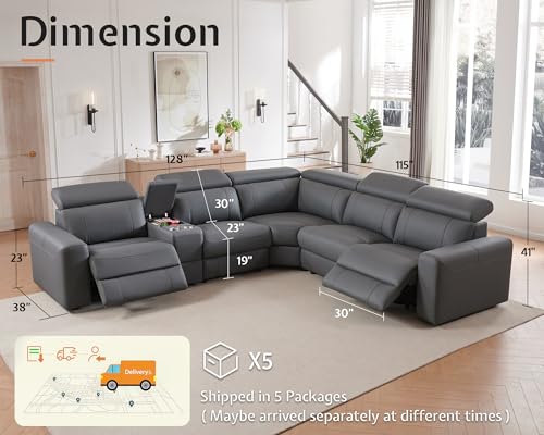 Power Recliner Sectional Sofa with Storage/USB Port, Leather Recliner Sofa with Adjustable Headrest, Reclining Sectional Couches with Console and Cup Holder for Living Room (Gray, 5-Seater)
