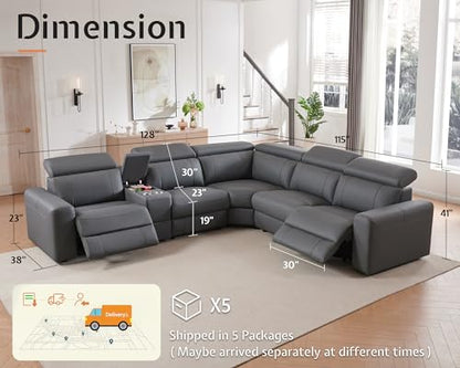 Power Recliner Sectional Sofa with Storage/USB Port, Leather Recliner Sofa with Adjustable Headrest, Reclining Sectional Couches with Console and Cup Holder for Living Room (Gray, 5-Seater)