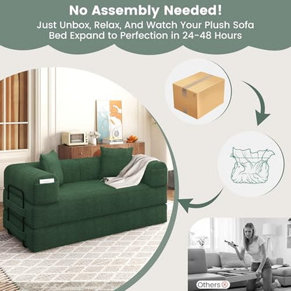 80" Convertible Sofa Bed, 5 in 1 Modular Boneless Couch Sleeper Sofa Bed with Fixed Frame & Removable Backrest Pillow, Washable Corduroy Futon Sofa Bed Couch in a Box for Small Spaces, Dark Green