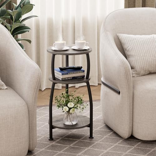 Small Round Side Table, 3-Tier End Table with Storage Shelf, Slim Sofa Table Coffee Table, Sturdy & Easy Assemble Nightstand for Small Spaces, Living Room Bedroom Corner, Grey