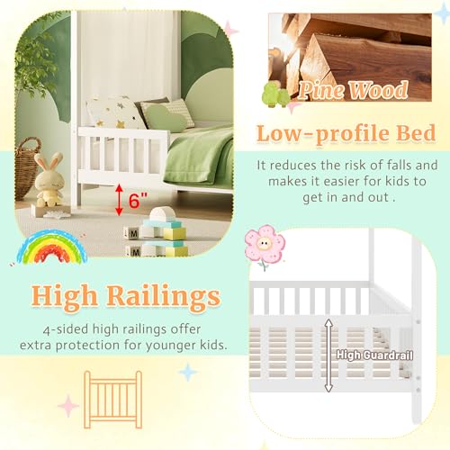 Twin Montessori House Bed with High Rails, Low Floor Bed Twin with Roof & Canopy, view 5