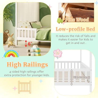 Twin Montessori House Bed with High Rails, Low Floor Bed Twin with Roof & Canopy, view 5