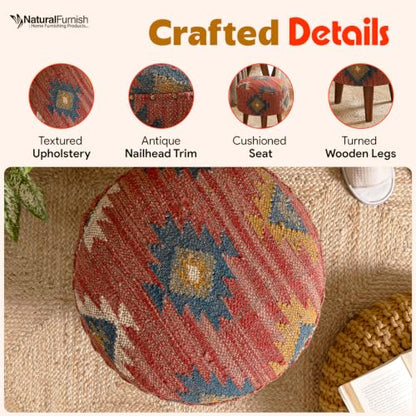 Handmade Kilim Jute Pouf Ottoman Stool | Round Upholstered Seating with Acacia Wood Legs | Decorative Foot Rest for Living Room, Bedroom, Reading Room & Lounge (Red)