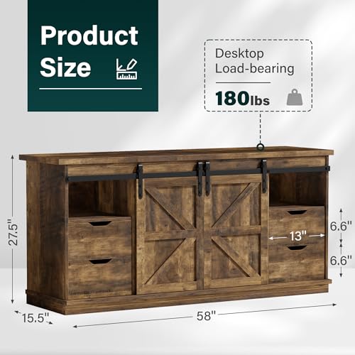 TV Stand for 65" TV, 4 Drawers, Sliding Barn Doors, Brown, view 4