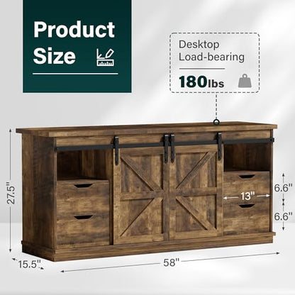 TV Stand for 65" TV, 4 Drawers, Sliding Barn Doors, Brown, view 4