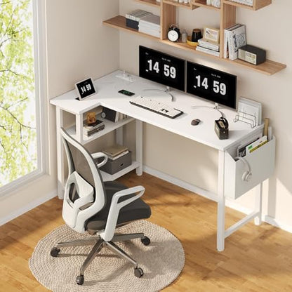 White L Shaped Computer Desk with Power Outlet Shelves, 47 Inch Corner Desk for Home Office Bedroom, L-Shaped Study Writing Working PC Desks, White