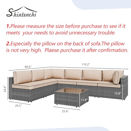 7 Pieces Outdoor Patio Furniture Sets, Patio Sectional Sofa Couch, Gray PE Wicker Furniture Modular Patio Conversation Sets Patio Sofa with Washable Cushions, Gray/Khaki