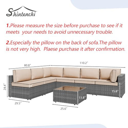 7 Pieces Outdoor Patio Furniture Sets, Patio Sectional Sofa Couch, Gray PE Wicker Furniture Modular Patio Conversation Sets Patio Sofa with Washable Cushions, Gray/Khaki