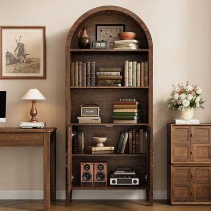 Brown 5-tier arched bookshelf with door and adjustable shelves, view 5