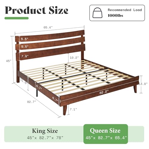 Mid Century Queen Size Solid Wood Platform Bed, Slatted Headboard, view 3