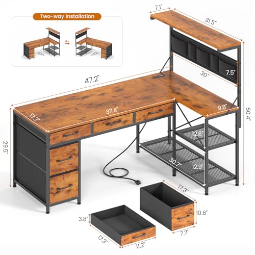 L Shaped Desk with Drawers and Hutch, 47.2" Reversible Office Computer Desk with 5 Fabric Drawers, L Shaped Desk with Storage Shelves, Power Outlet and LED Lights for Home Office, Rustic Brown