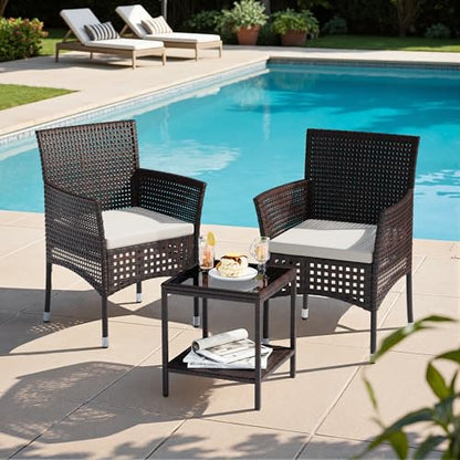 Outdoor 3 Piece Patio Furniture Set Wicker Chairs with Glass-top Coffee Table for Garden, Balcony, and Porch (Brown)