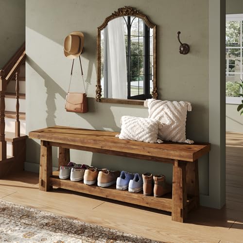 55" Solid Wood Entryway Bench with Shoe Storage, Rustic Wood Grain Shoe Rack Window Bench Seat for Foyer, Hallway, Mudroom, Bedroom, Easy Assembly (Rustic Wood)