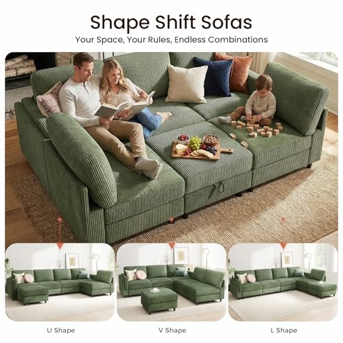 Modular 83'' 6 Seater Sofa Bed - Sectional Sofa with Storage Ottoman, Convertible U/L -Shaped Sleeper Couch for Living Room, Modern Reversible Design, Green