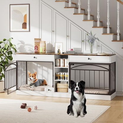 Dog Crate Furniture for 2 Dogs, Dog Kennel Indoor with Storage and Feeding Bowls, view 2