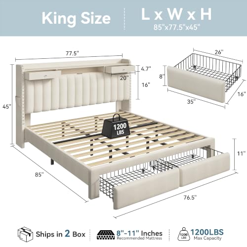 King Bed Frame and Headboard & 4 Storage Drawers, Built-in Charging Station, view 3