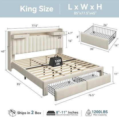 King Bed Frame and Headboard & 4 Storage Drawers, Built-in Charging Station, view 3