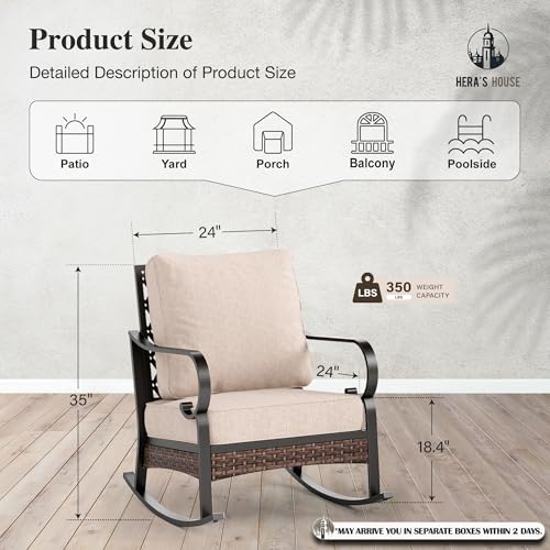 Patio Rocking Chairs Set of 2 with Thick Cushions, High Back Metal Outdoor Rockers, All Weather Garden Furniture for Backyard, Deck, Lawn, Beige