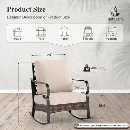 Patio Rocking Chairs Set of 2 with Thick Cushions, High Back Metal Outdoor Rockers, All Weather Garden Furniture for Backyard, Deck, Lawn, Beige