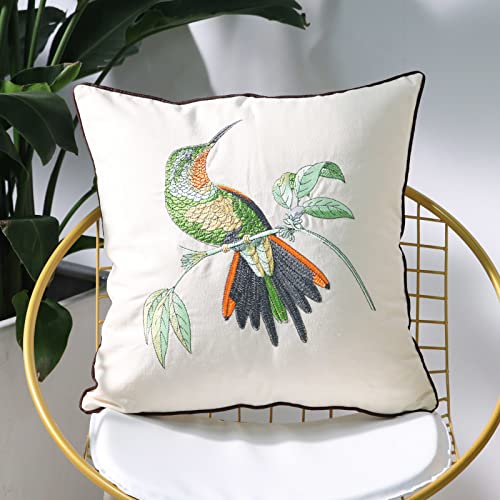 Set of 2 Embroidered Decorative Throw Pillow Covers Couch Square Pillowcases Cushion for Bedroom Sofa Farmhouse Decor 18x18 Inch (Hummingbird)
