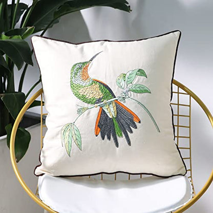 Set of 2 Embroidered Decorative Throw Pillow Covers Couch Square Pillowcases Cushion for Bedroom Sofa Farmhouse Decor 18x18 Inch (Hummingbird)