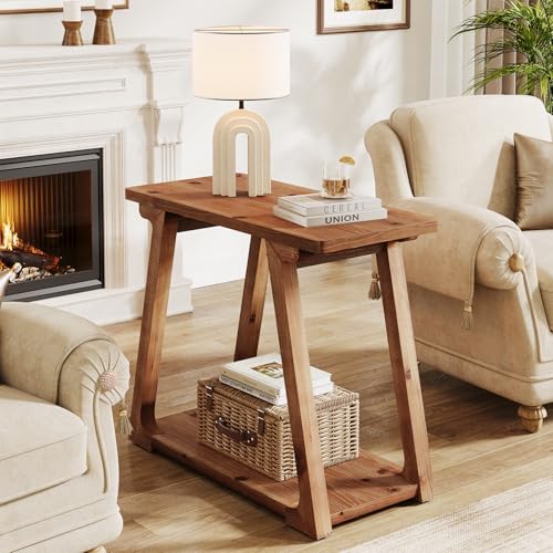 Solid Wood End Table for Living Room, 2-Tier Narrow Rustic Side Table, Rectangle Farmhouse Nightstand for Bedroom, Easy Assembly, Trapezoidal Base (1, Natural Brown)