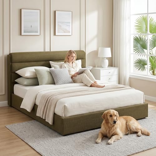 King Size Lift Up Storage Bed, Linen Upholstered Platform Bed, Green, view 3