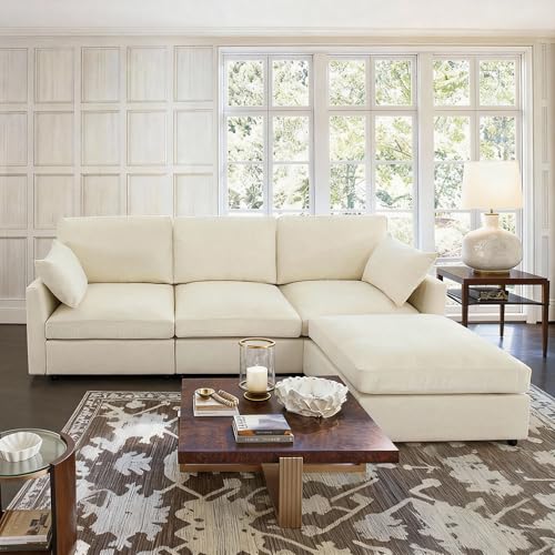 Sectional Cloud Couch for Living Room, Spring Cushion Seating, L Shaped Convertible Modular Sofa with Ottoman, Beige