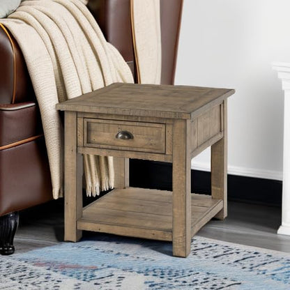 Monterey Farmhouse Rustic End Table, Solid Pine Wood Coastal Side Table with Drawer and Shelf. Reclaimed Natural.