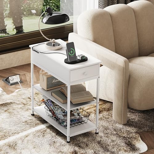 3-Tier Narrow Side Table with Charging Station, Couch Side Table for Living Room, Narrow End Table for Bedroom with Fabric Drawer, USB Ports and Power Outlets, Samll Nightstand Bedside Tables