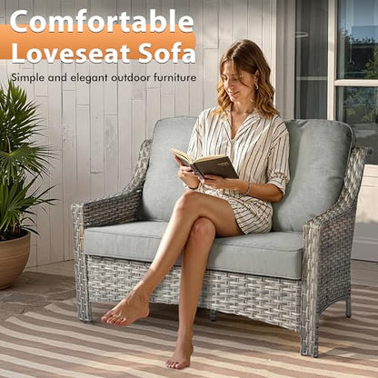 6 PCS Outdoor Patio Furniture Sets,Patio Conversation Sets Outside Rattan Soft Cushion Sofa with 2 Wicker Rocking Chairs & 54 in Fire Pit Table Fit Backyard Porch Garden Poolside Balcony,Dark Grey