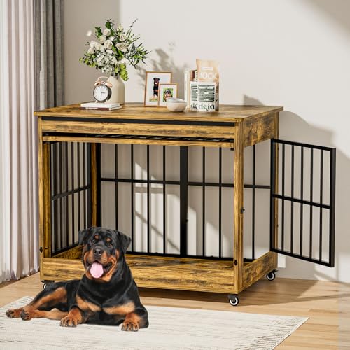 46" Large Dog Crate Furniture, Double Door Wooden Indoor Dog Kennel Furniture, view 2