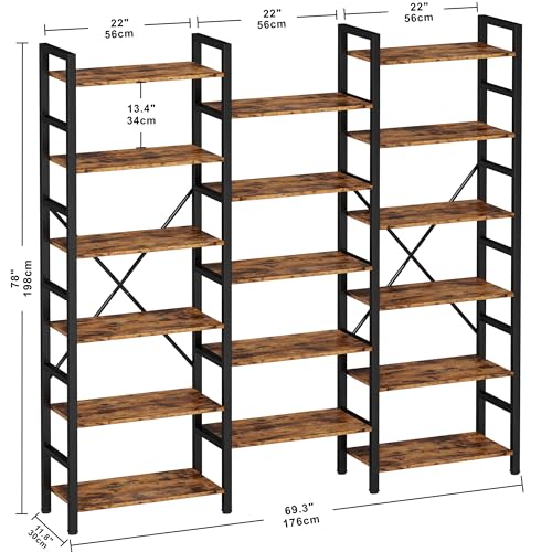 Bookshelves 6 Tiers Triple Wide Industrial Bookshelf, Large Etagere Bookshelf Open Display Shelves with Metal Frame for Living Room Bedroom Home Office
