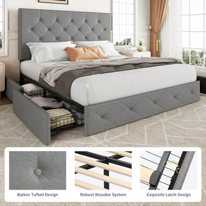 Queen Size Storage Bed Frame with 4 Underbed Drawers, Light Grey, view 7