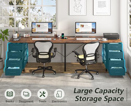 95" 2 Person Desk with 8 Drawers, Large Writing Home Office Desks with Outlets, I Shaped Workstation Double Desk Drawer Organizers (Rustic)