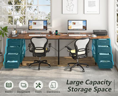 95" 2 Person Desk with 8 Drawers, Large Writing Home Office Desks with Outlets, I Shaped Workstation Double Desk Drawer Organizers (Rustic)